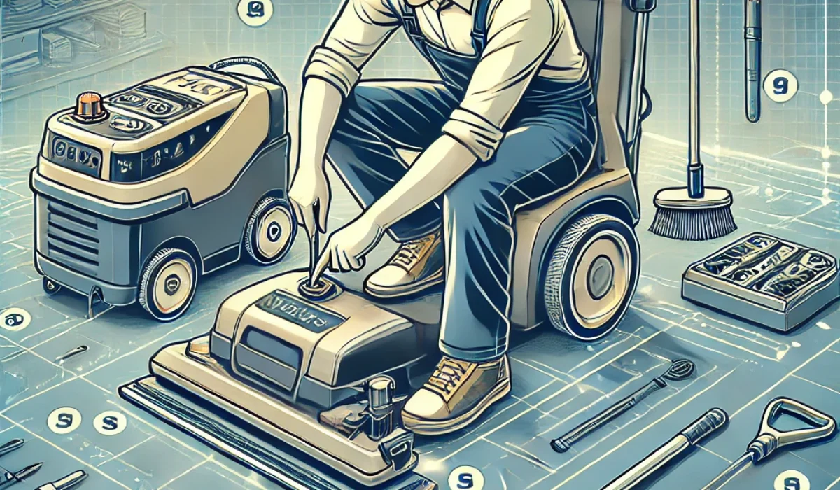 A detailed and visually appealing illustration of a person skillfully replacing the battery of an industrial floor scrubber. The scene includes tools