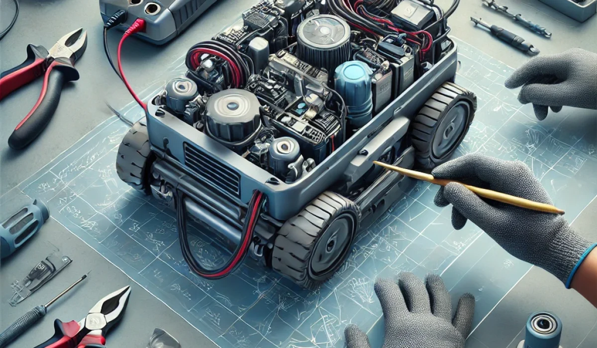 A detailed and visually compelling blog image illustrating a comprehensive guide to industrial floor scrubber battery repair and lifespan extension. T