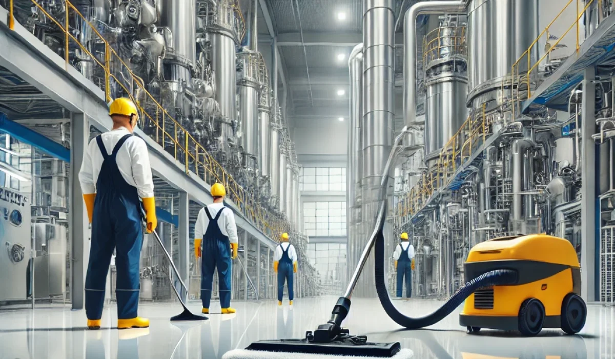 A modern industrial factory with workers wearing safety gear, using professional cleaning equipment like industrial vacuum cleaners and floor scrubber