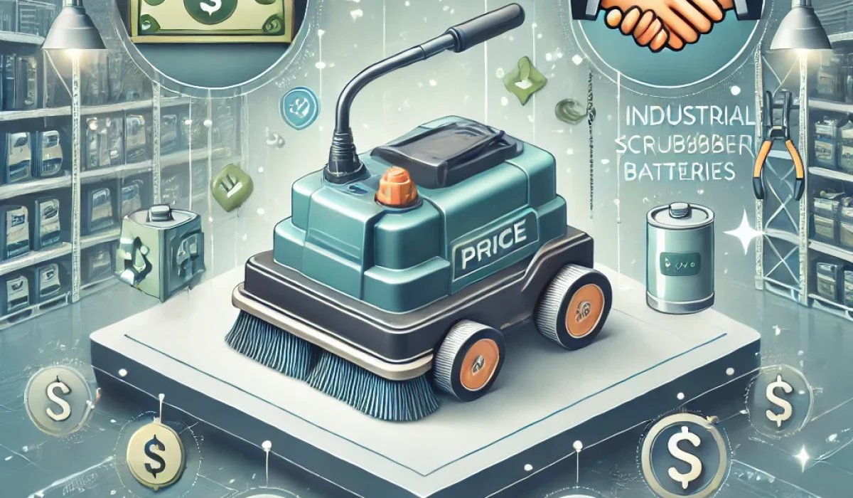 A professional and visually appealing blog image illustrating a guide to buying and selling industrial floor scrubber batteries at the best price. The