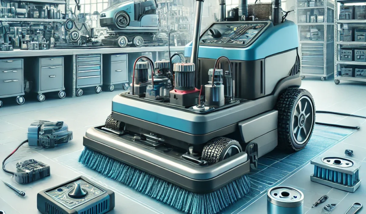 A visually appealing blog image illustrating battery and charger systems for industrial floor scrubbers. The image features a detailed battery and cha