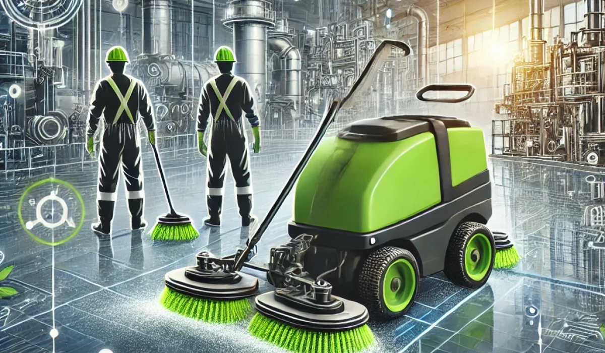 An industrial cleaning process in action, designed in a modern, futuristic style with detailed illustrations. The image showcases an industrial scrubb