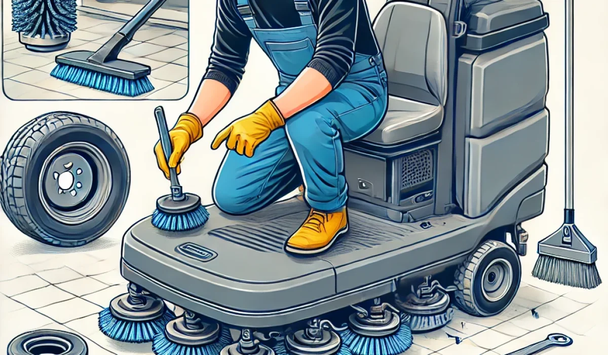 DALL·E 2024-11-22 02.05.11 - An instructional illustration showing a person replacing and repairing scrubber brushes and tires on a floor cleaning machine. The scene should depict