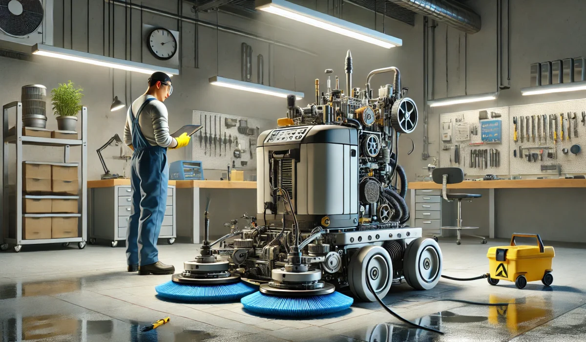 DALL·E 2024-12-07 17.54.05 - A visually appealing illustration of scrubber maintenance with the scrubber machine placed on the floor in a workshop setting. The scrubber should be