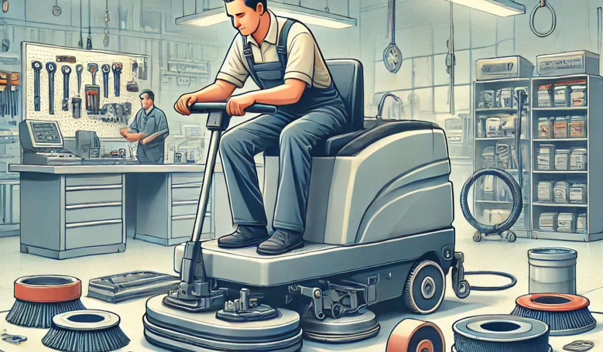 DALL·E 2024-12-19 16.09.38 - An illustration depicting the repair and maintenance of floor scrubbers and cleaning devices. The scene includes a technician working on a large indus