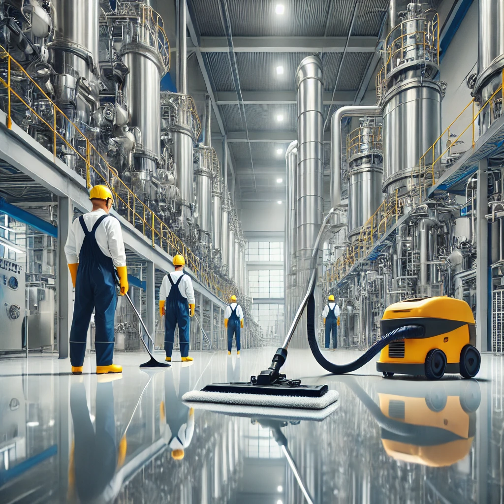 A modern industrial factory with workers wearing safety gear, using professional cleaning equipment like industrial vacuum cleaners and floor scrubber